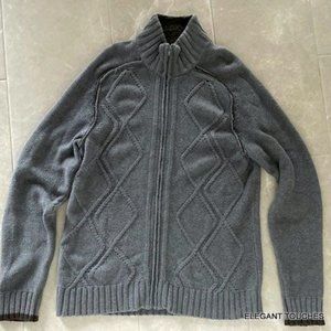 BKE Buckle Mens Ribbed Chunky Knit Full Zip Sweater L Gray Black Trim Mock Neck